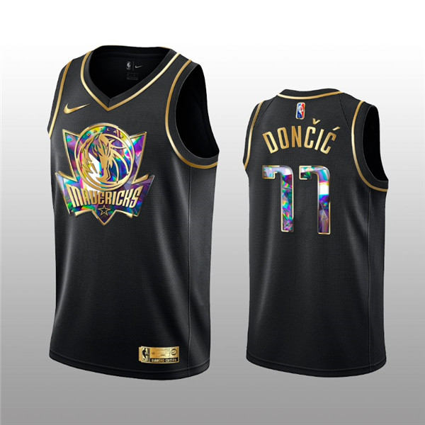 Men's Dallas Mavericks #77 Luka Doncic 2021/22 Black Golden Edition 75th Anniversary Diamond Logo Stitched Basketball Jersey Men's Dallas Mavericks #77 Luka Doncic 2021/22 Black Golden Edition 75th Anniversary Diamond Logo Stitched Basketball Jersey